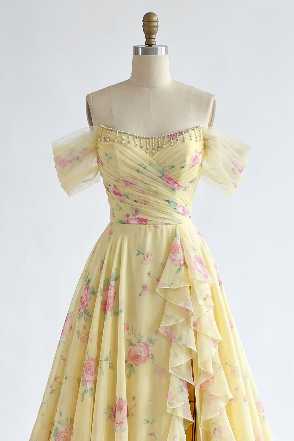 A Line Butter Yellow Ruffled Floral Beaded Prom Dress with Slit