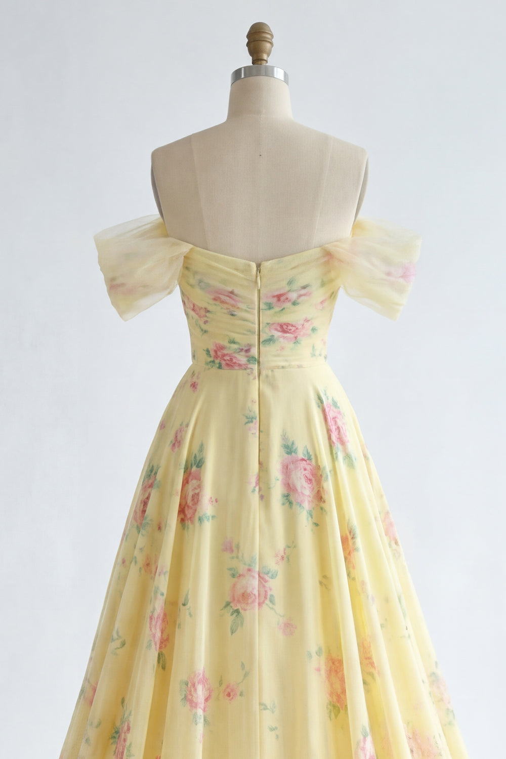 A Line Butter Yellow Ruffled Floral Beaded Prom Dress with Slit