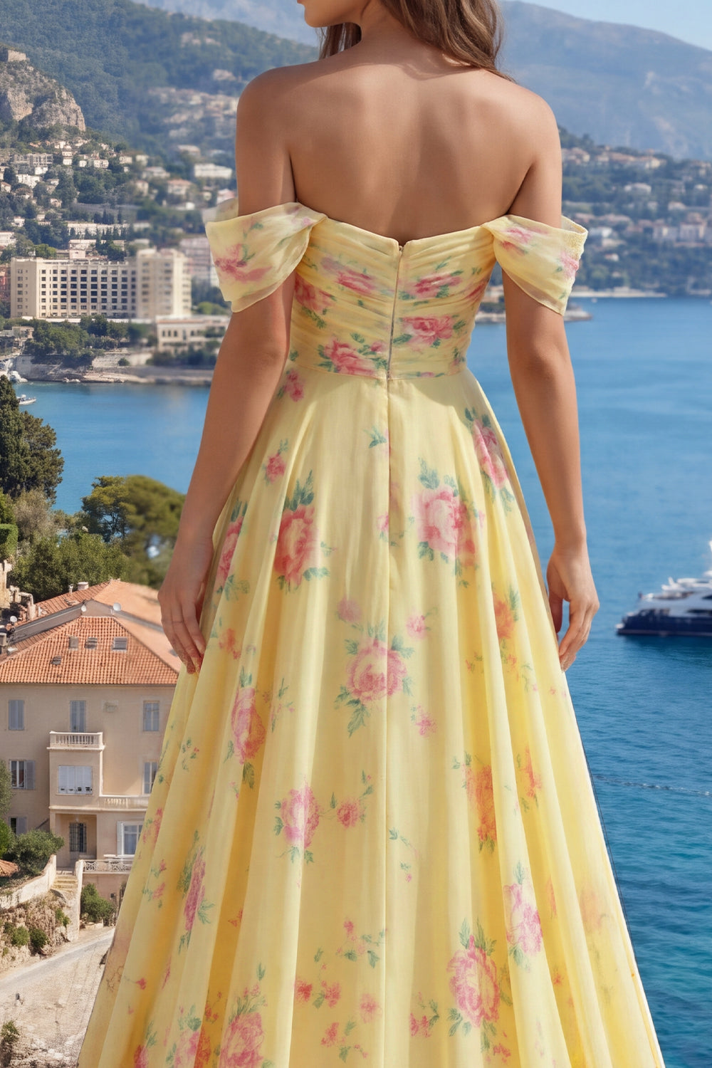A Line Butter Yellow Ruffled Floral Beaded Prom Dress with Slit