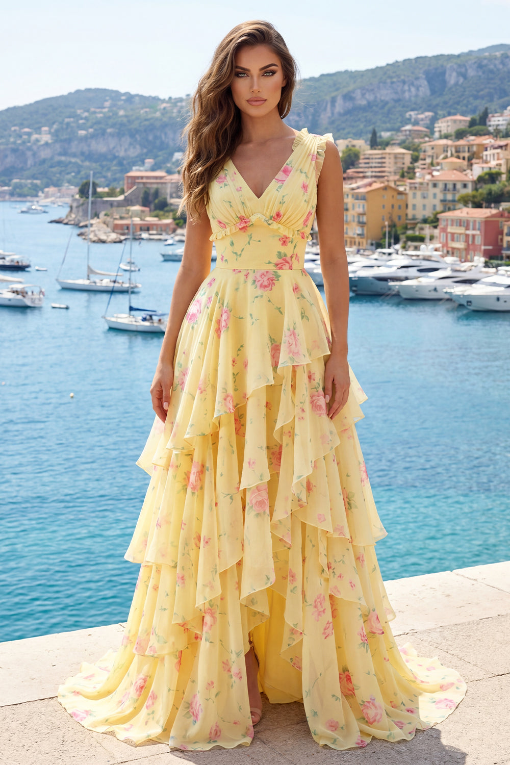 A Line Butter Yellow Floral V-Neck Prom Dress with Ruffles