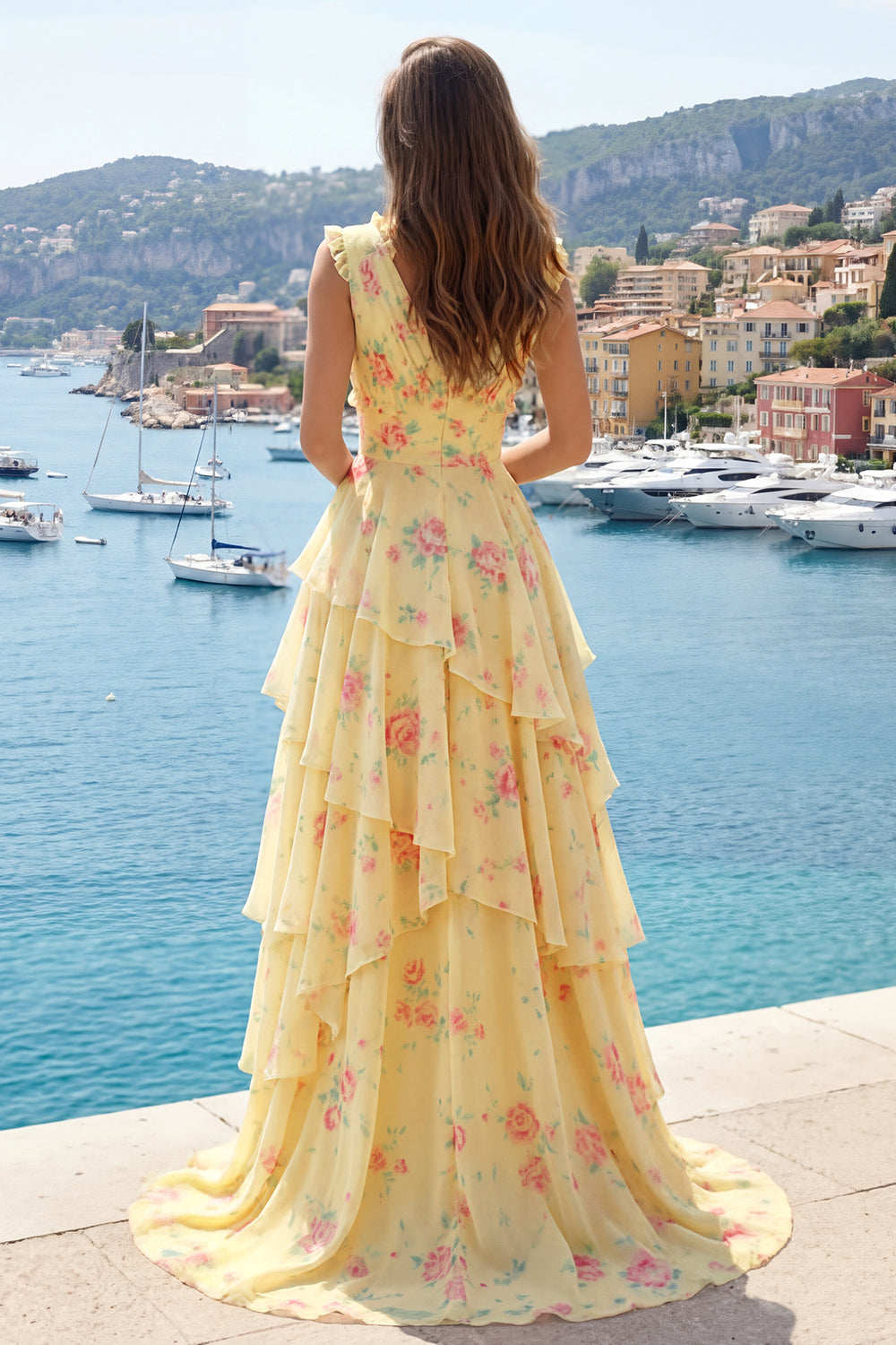 A Line Butter Yellow Floral V-Neck Prom Dress with Ruffles