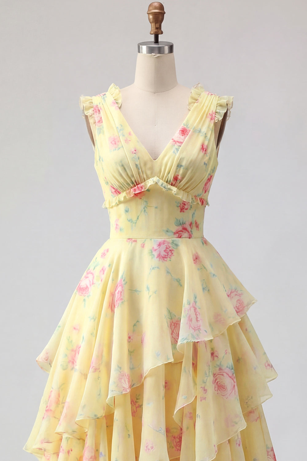 A Line Butter Yellow Floral V-Neck Prom Dress with Ruffles