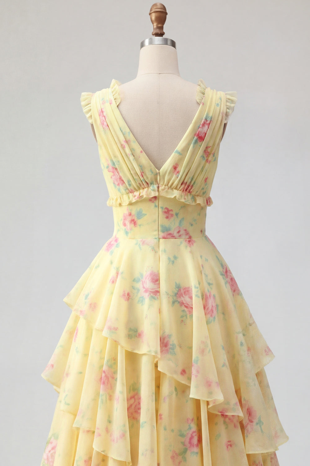 A Line Butter Yellow Floral V-Neck Prom Dress with Ruffles