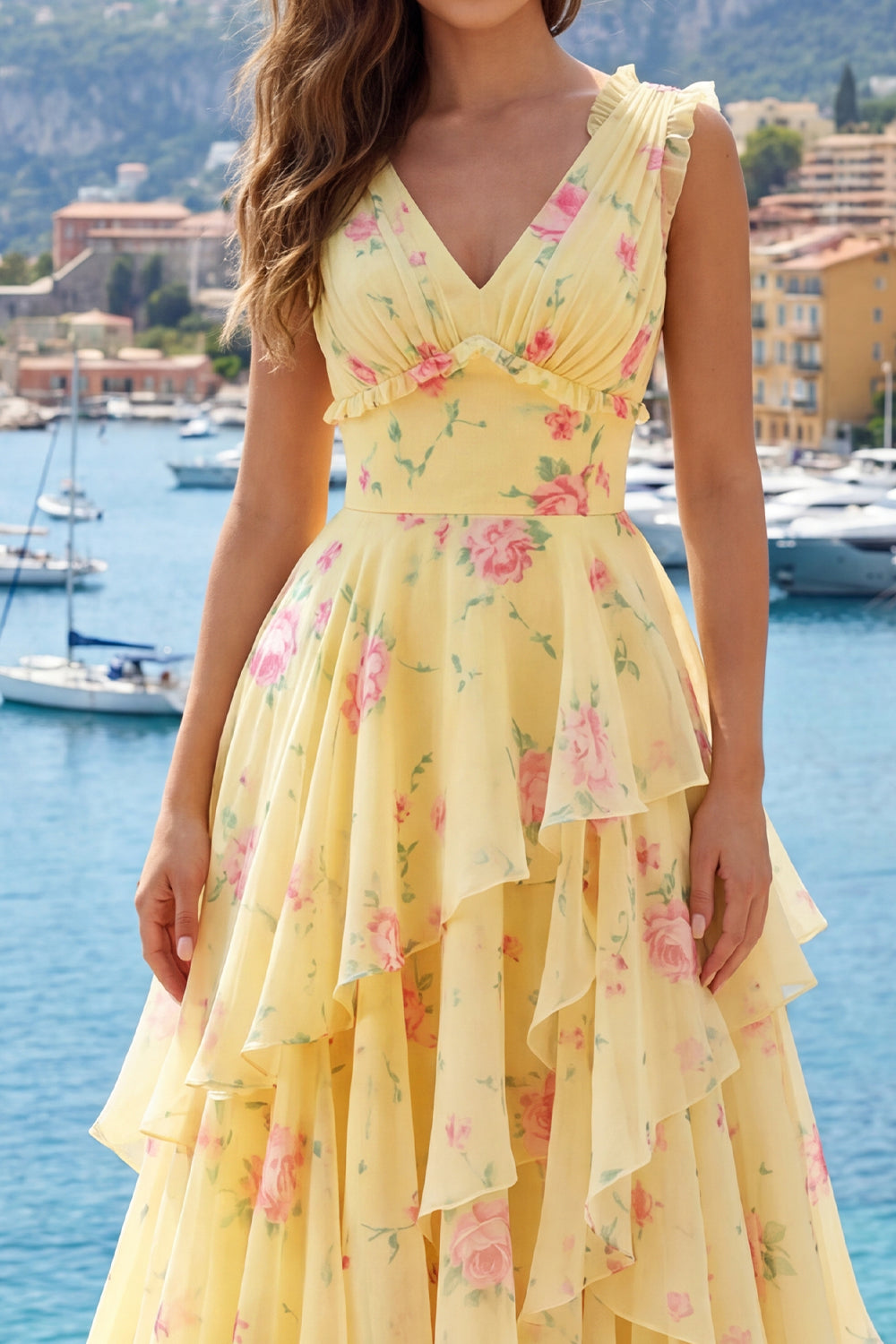 A Line Butter Yellow Floral V-Neck Prom Dress with Ruffles
