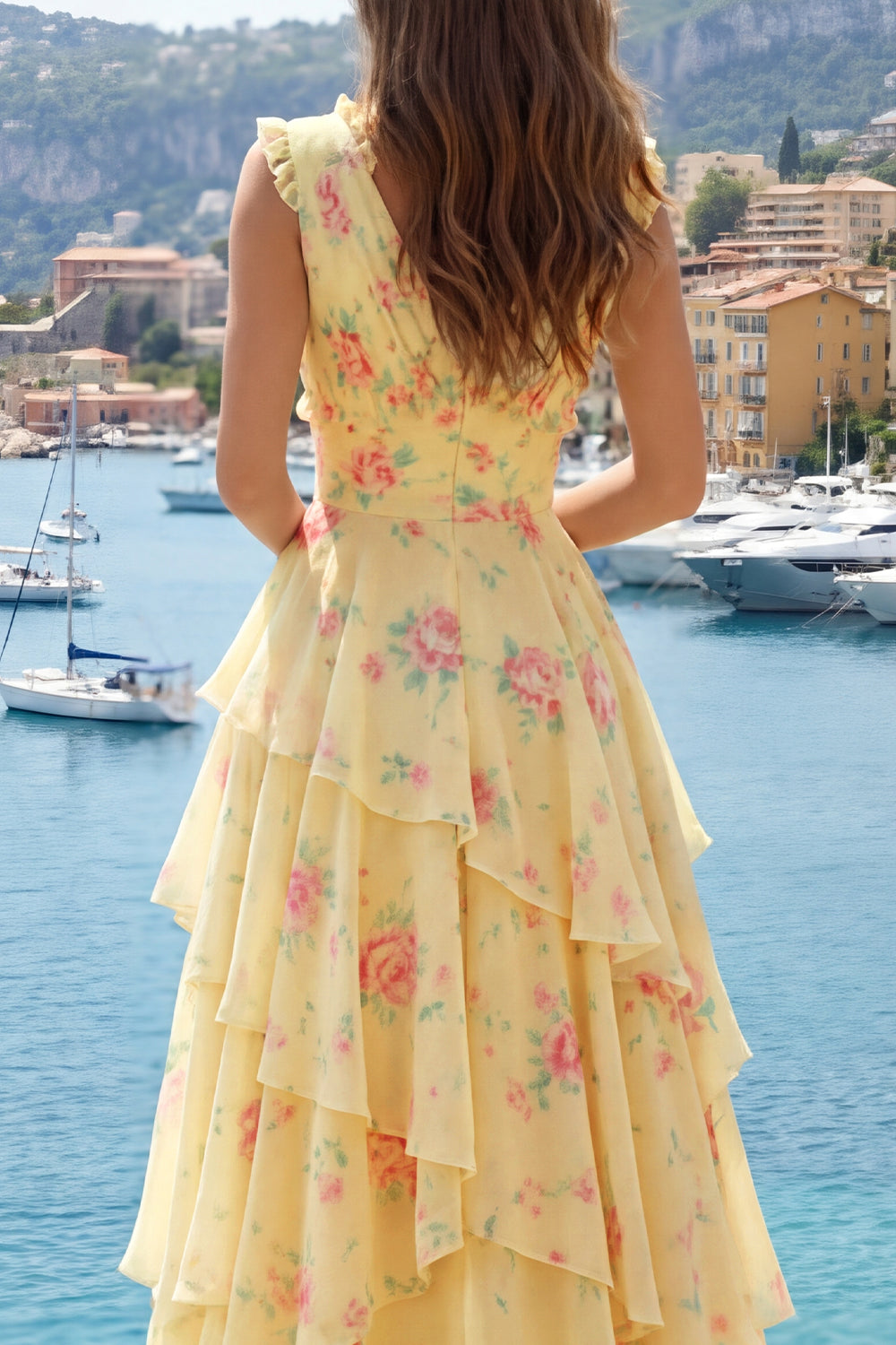 A Line Butter Yellow Floral V-Neck Prom Dress with Ruffles