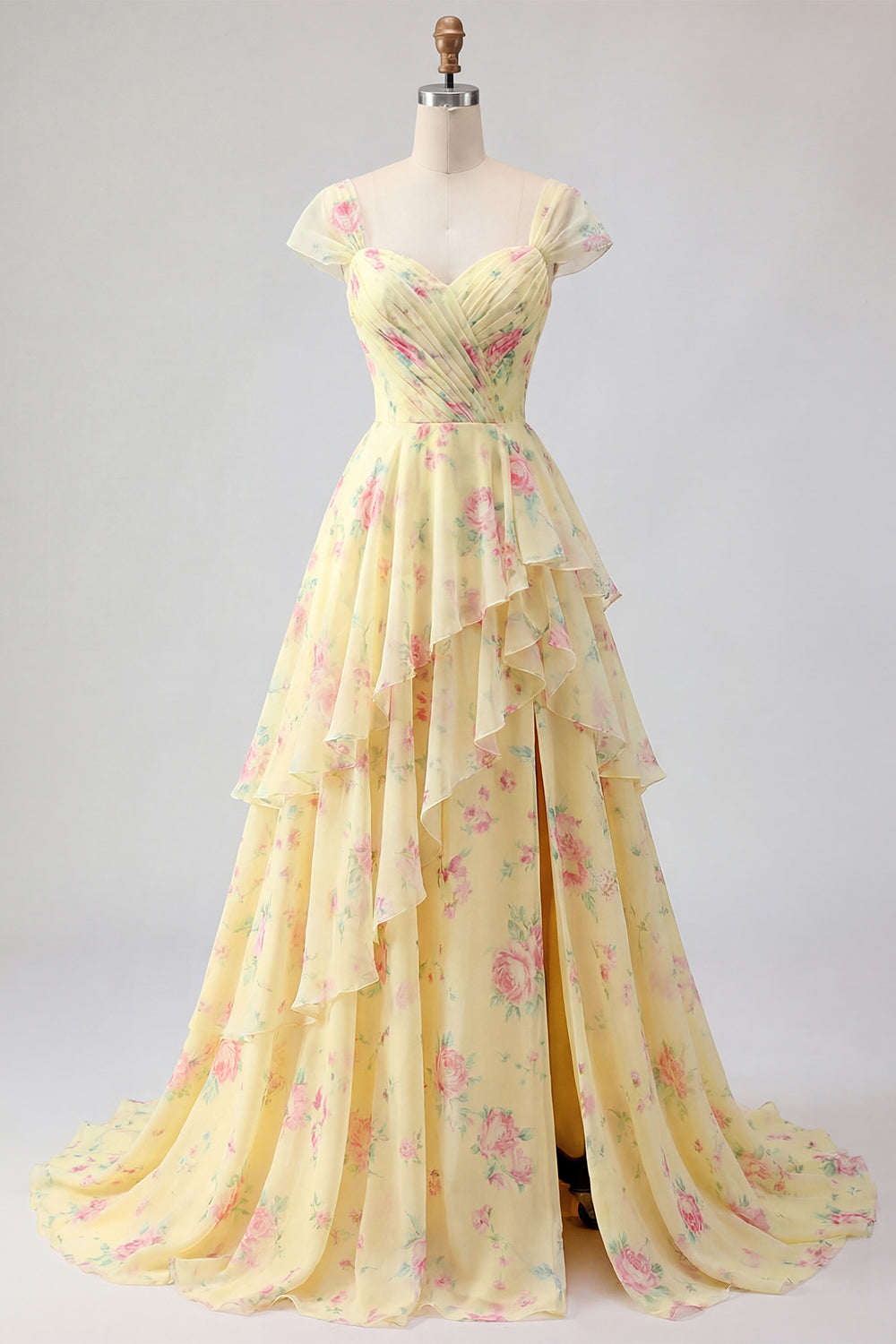 Ruffled Cap Sleeves A Line Butter Yellow Floral Prom Dress with Slit