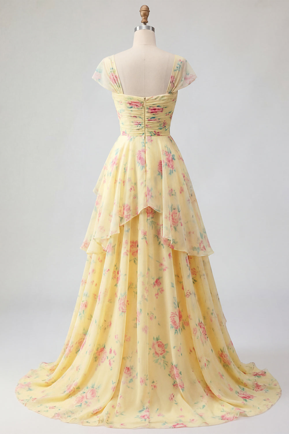 Ruffled Cap Sleeves A Line Butter Yellow Floral Prom Dress with Slit