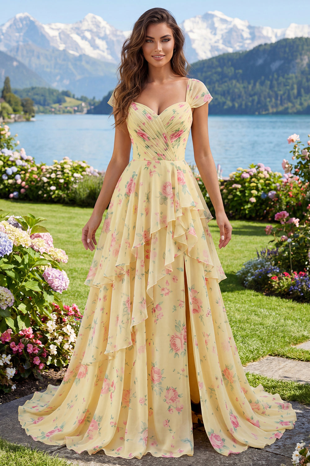 Ruffled Cap Sleeves A Line Butter Yellow Floral Prom Dress with Slit