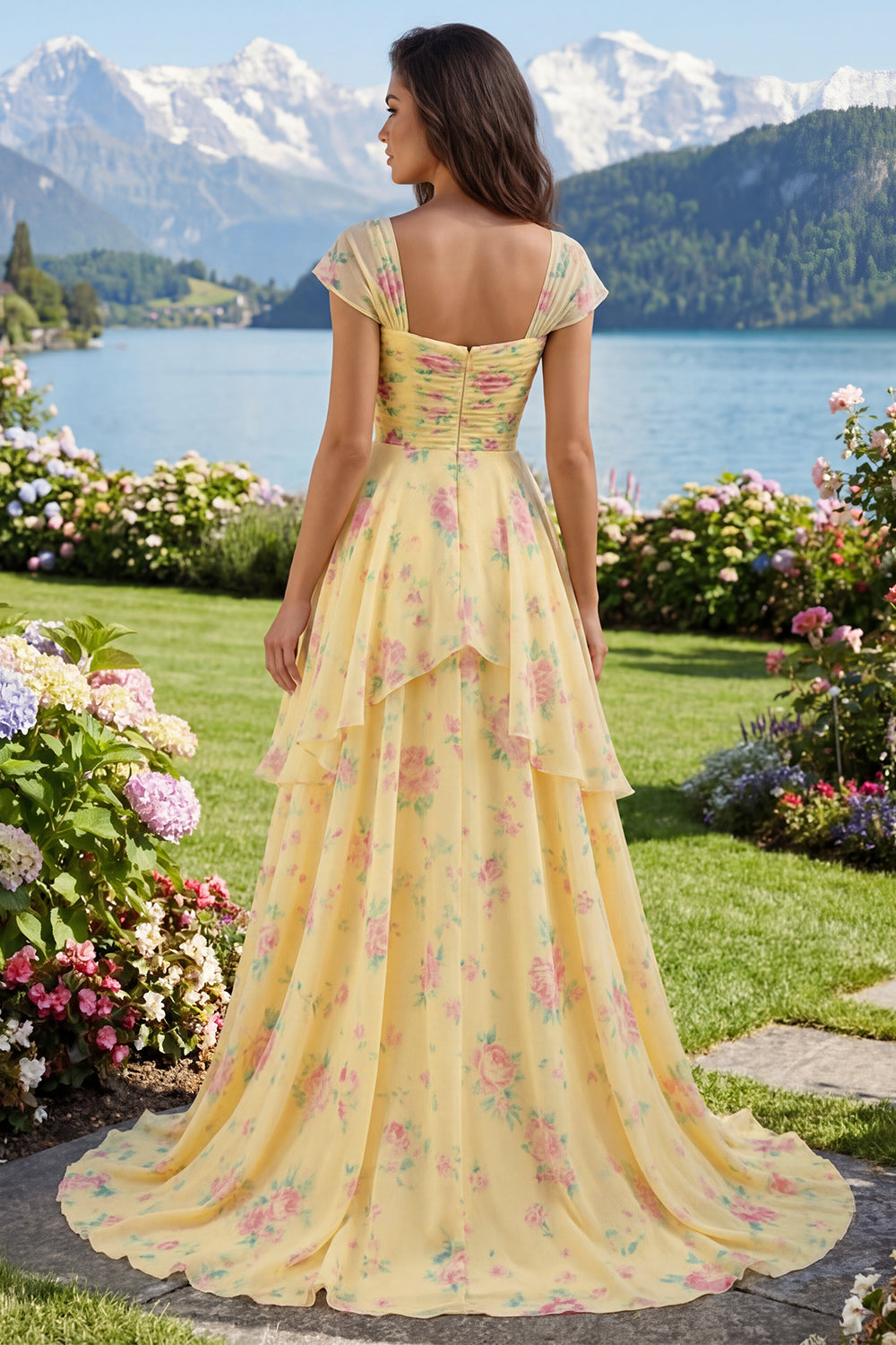 Ruffled Cap Sleeves A Line Butter Yellow Floral Prom Dress with Slit