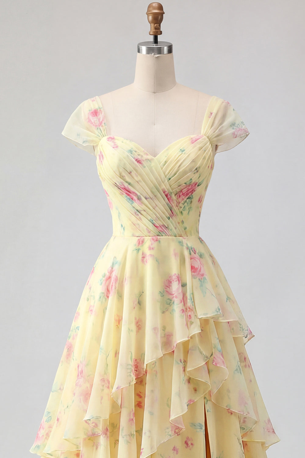 Ruffled Cap Sleeves A Line Butter Yellow Floral Prom Dress with Slit