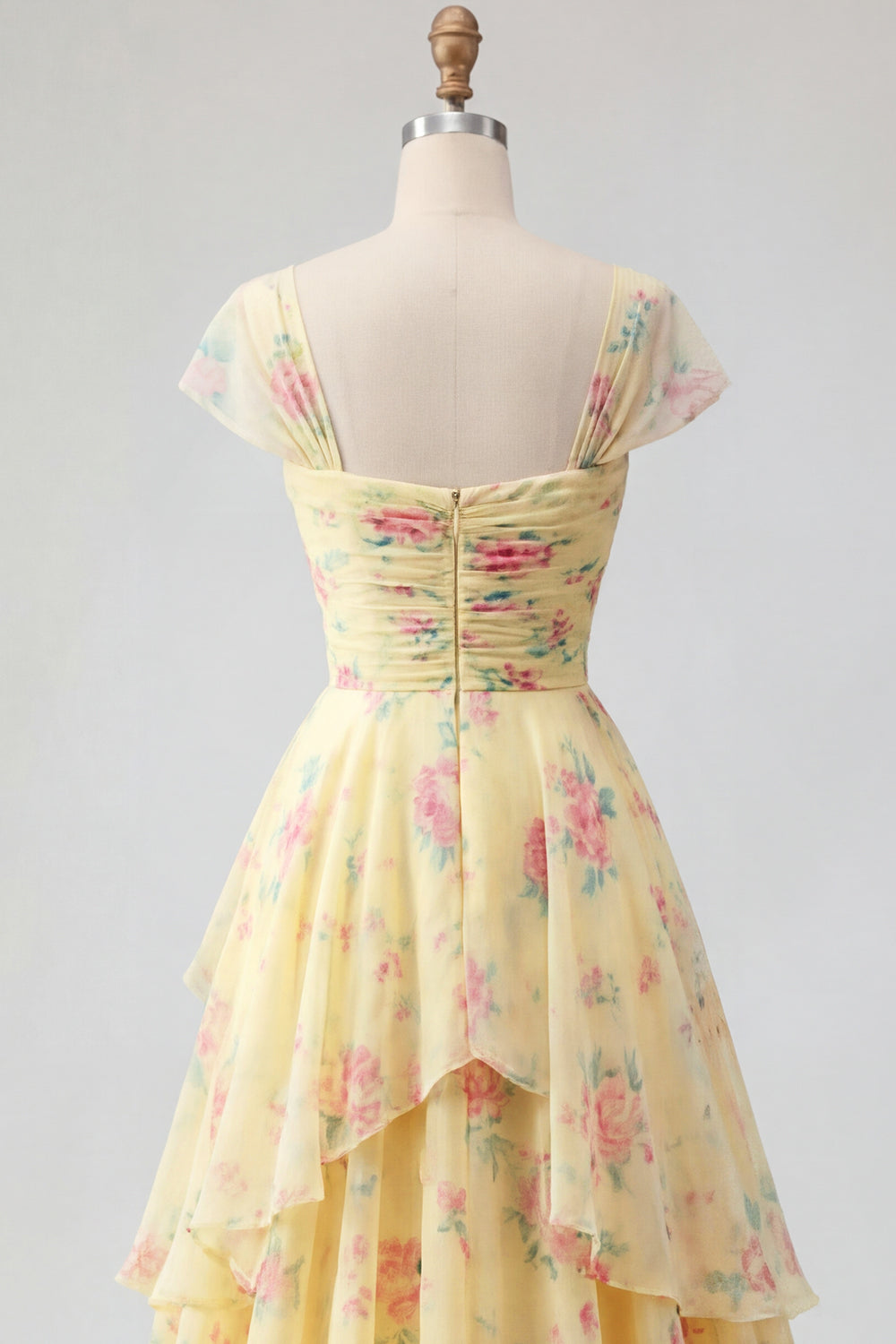 Ruffled Cap Sleeves A Line Butter Yellow Floral Prom Dress with Slit