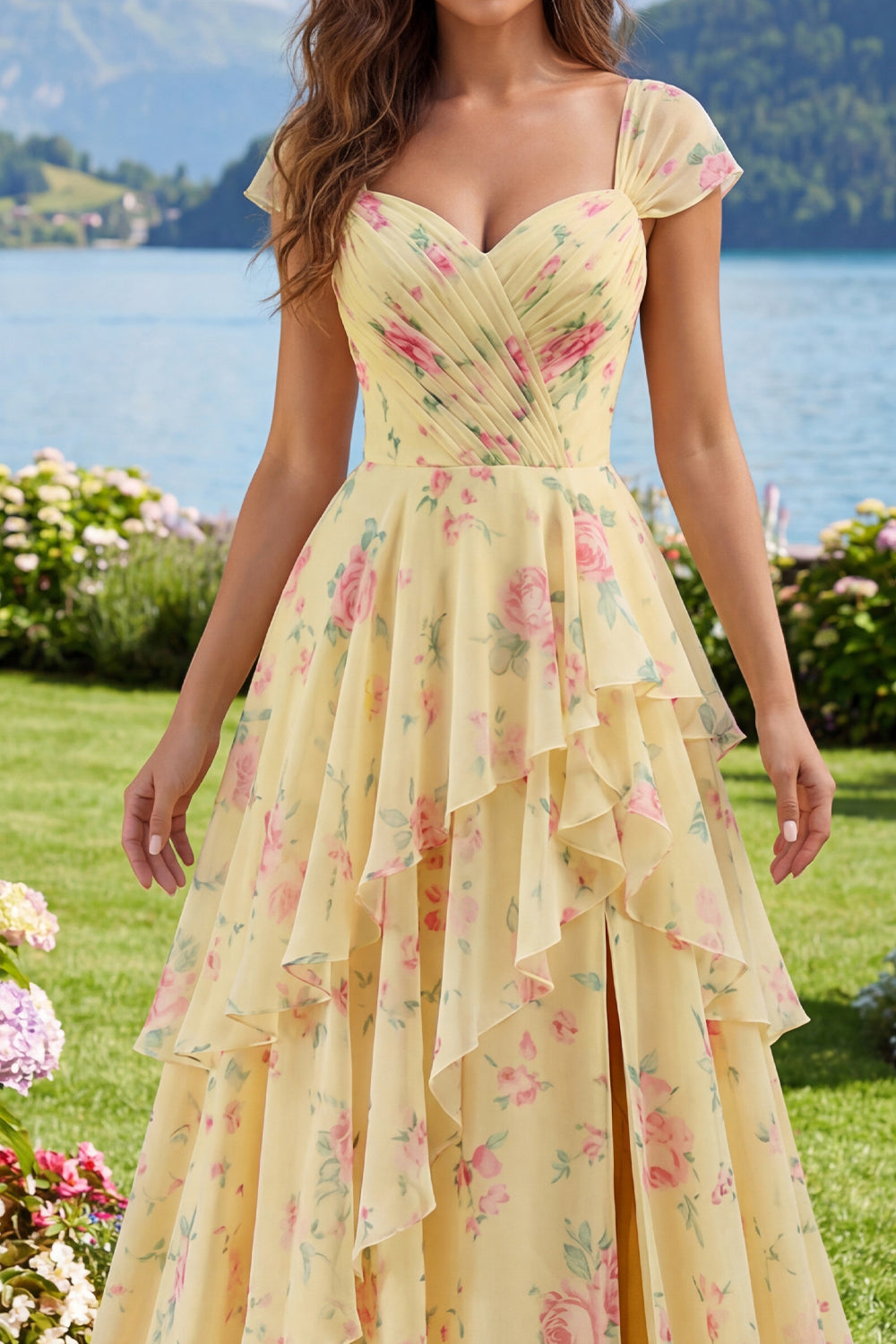 Ruffled Cap Sleeves A Line Butter Yellow Floral Prom Dress with Slit