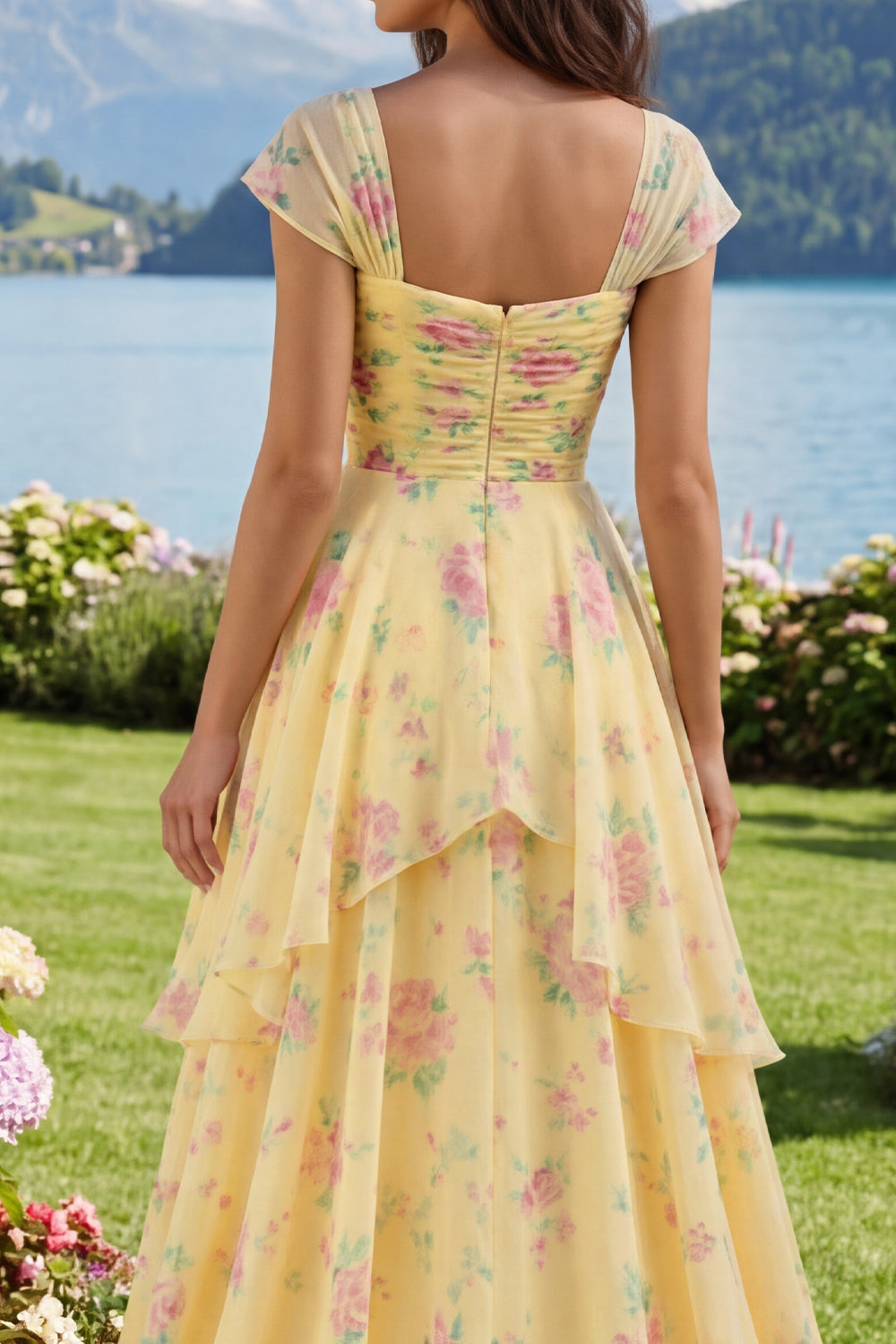 Ruffled Cap Sleeves A Line Butter Yellow Floral Prom Dress with Slit