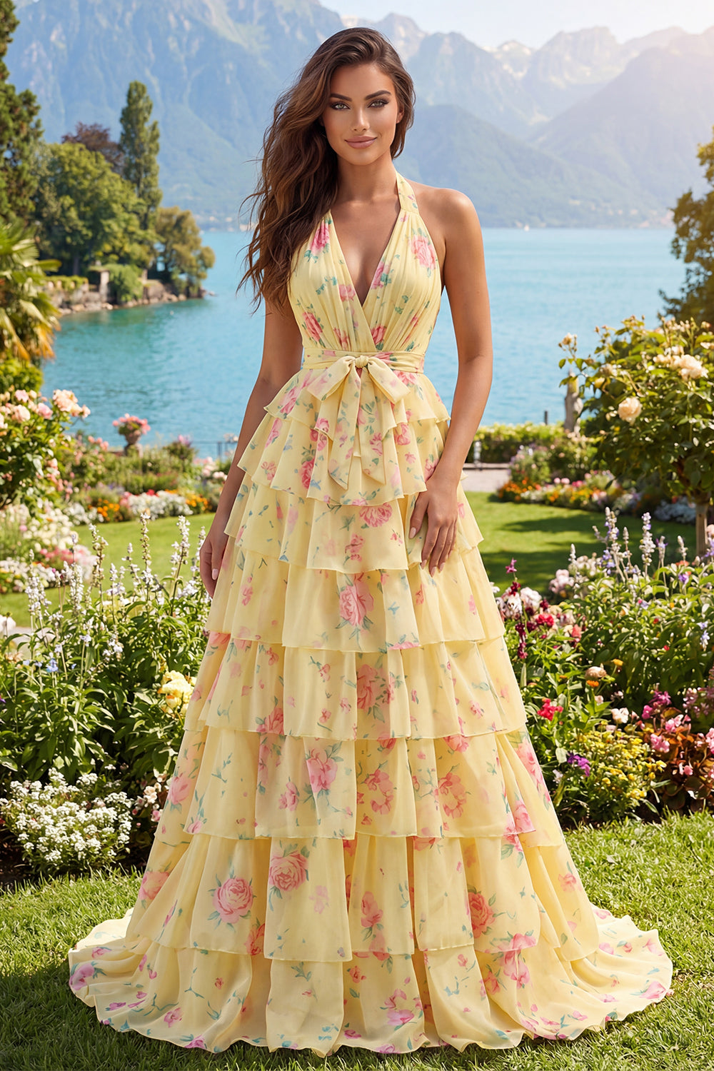 Butter Yellow Halter A Line Floral Prom Dress with Ruffles