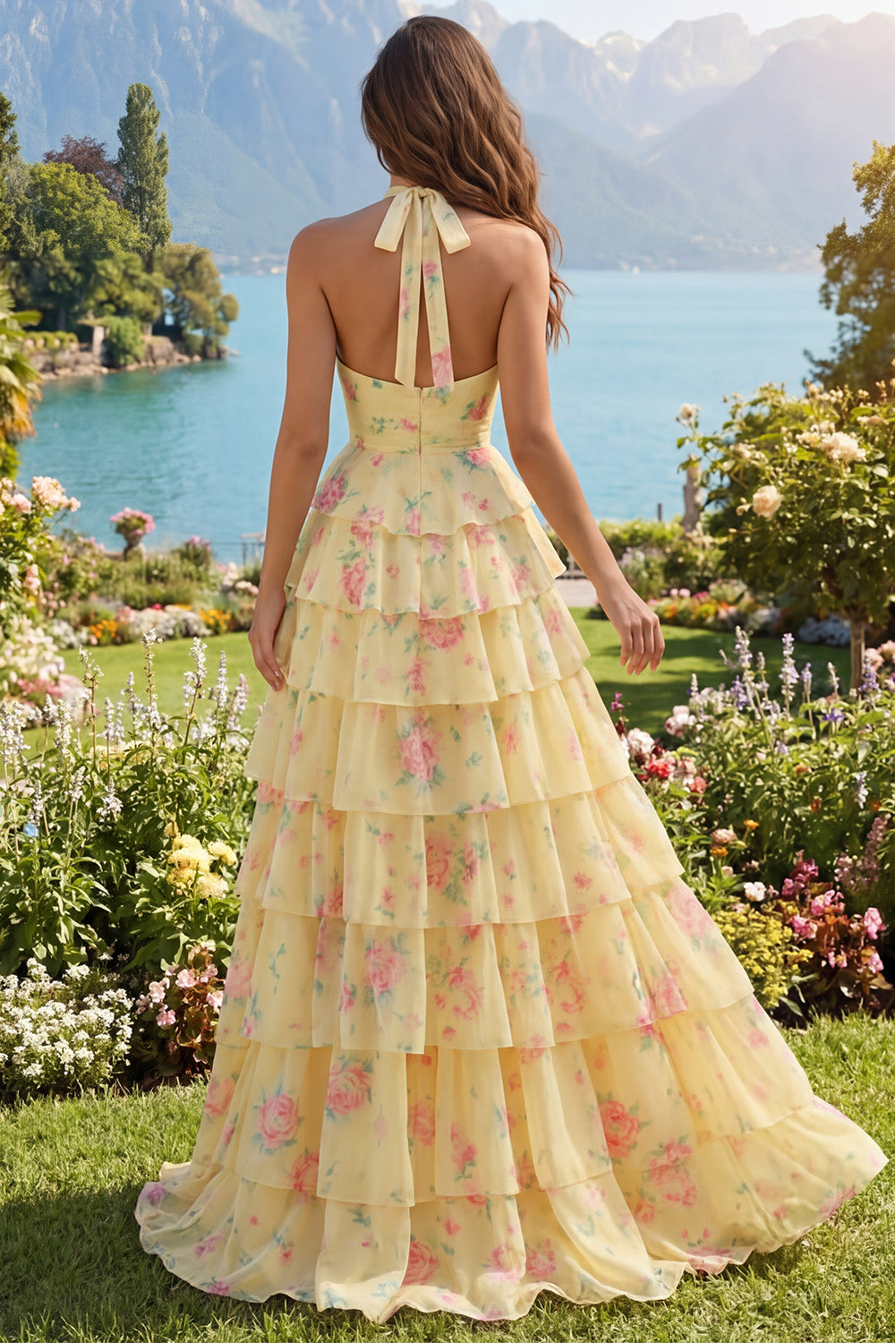Butter Yellow Halter A Line Floral Prom Dress with Ruffles