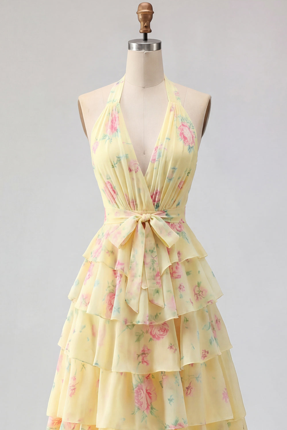 Butter Yellow Halter A Line Floral Prom Dress with Ruffles