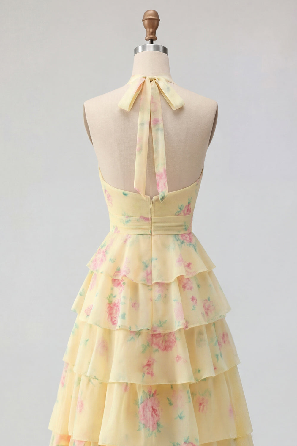 Butter Yellow Halter A Line Floral Prom Dress with Ruffles