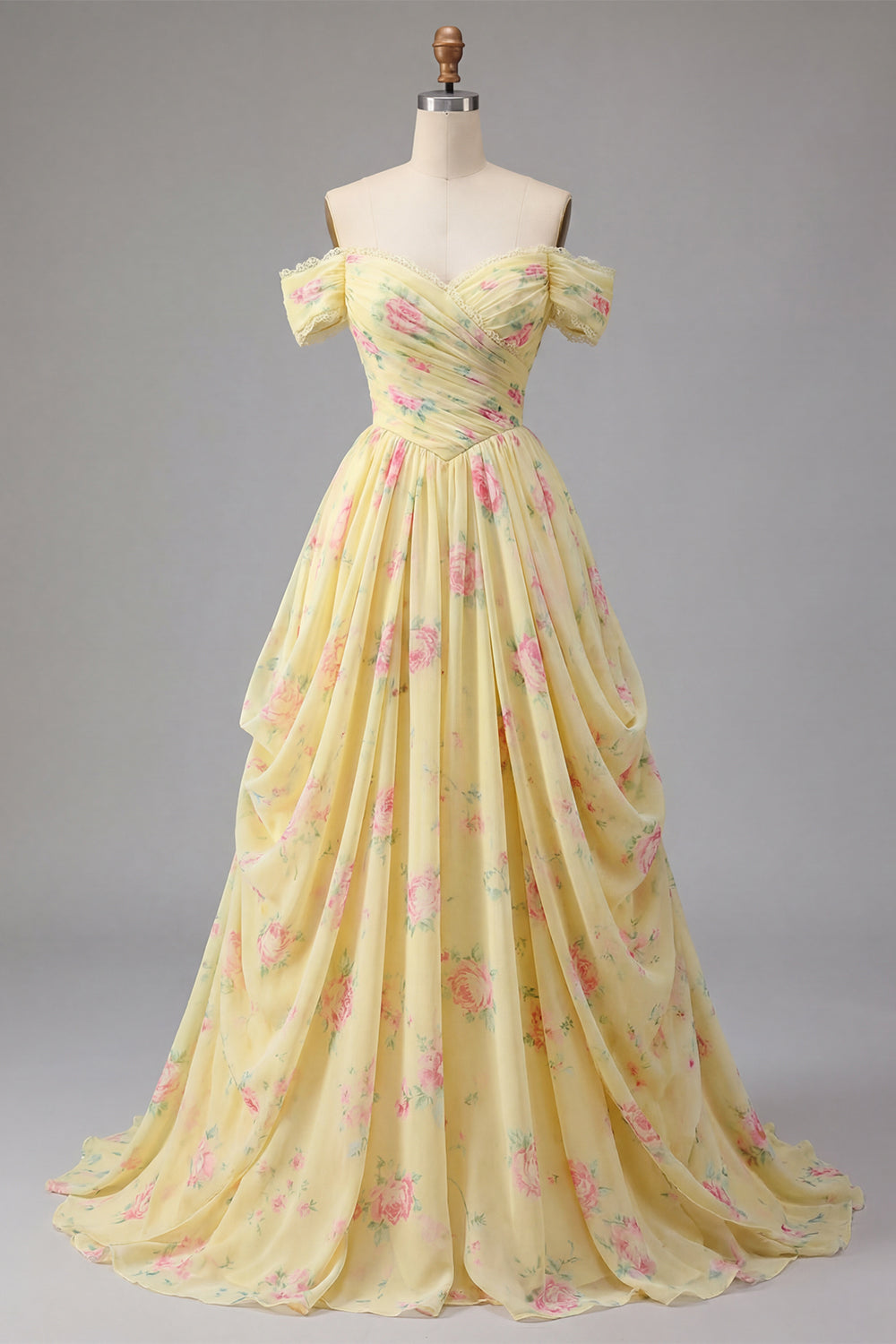 Floral Ruched Off the Shoulder A Line Butter Yellow Prom Dress