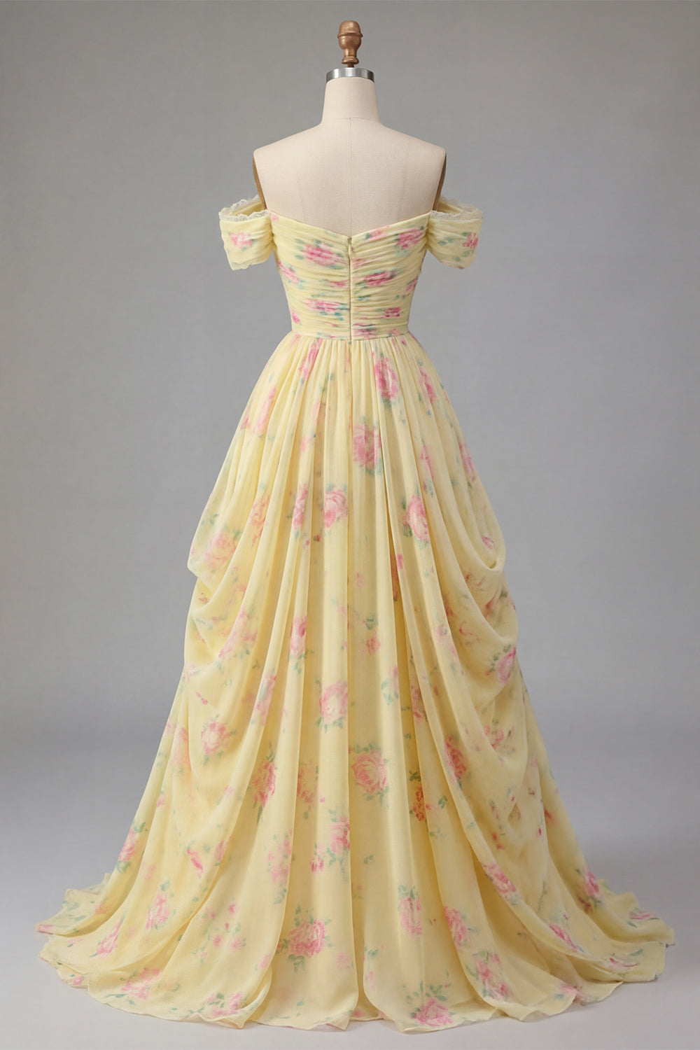 Floral Ruched Off the Shoulder A Line Butter Yellow Prom Dress