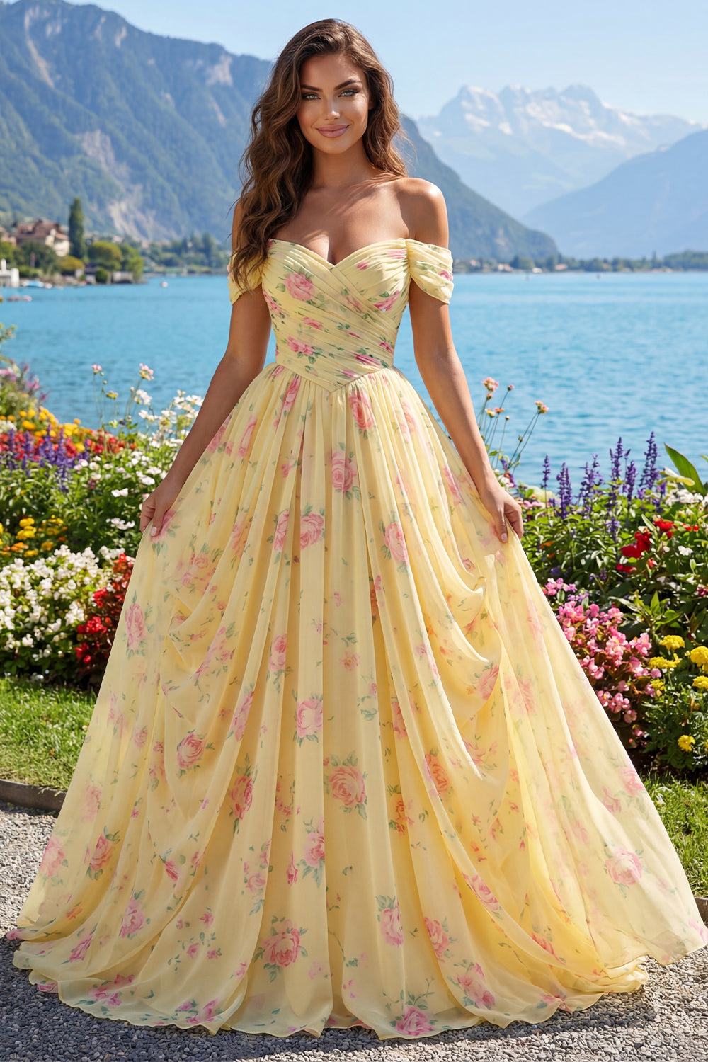 Floral Ruched Off the Shoulder A Line Butter Yellow Prom Dress