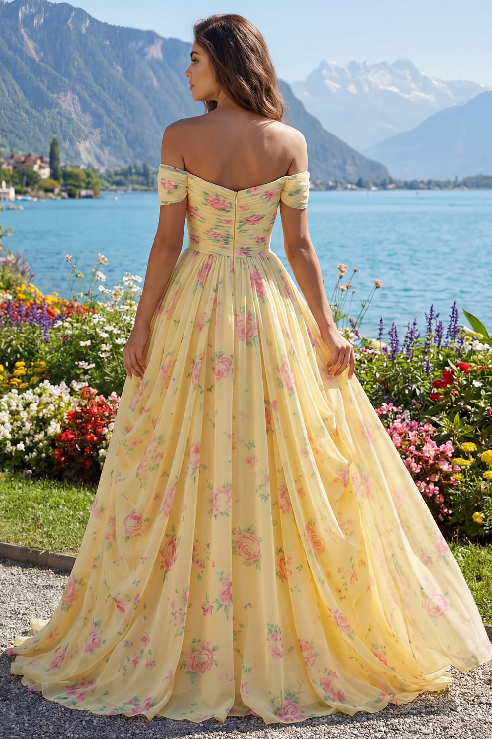 Floral Ruched Off the Shoulder A Line Butter Yellow Prom Dress