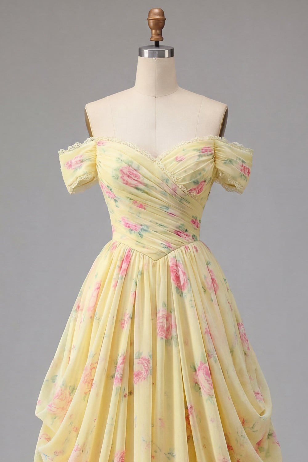 Floral Ruched Off the Shoulder A Line Butter Yellow Prom Dress