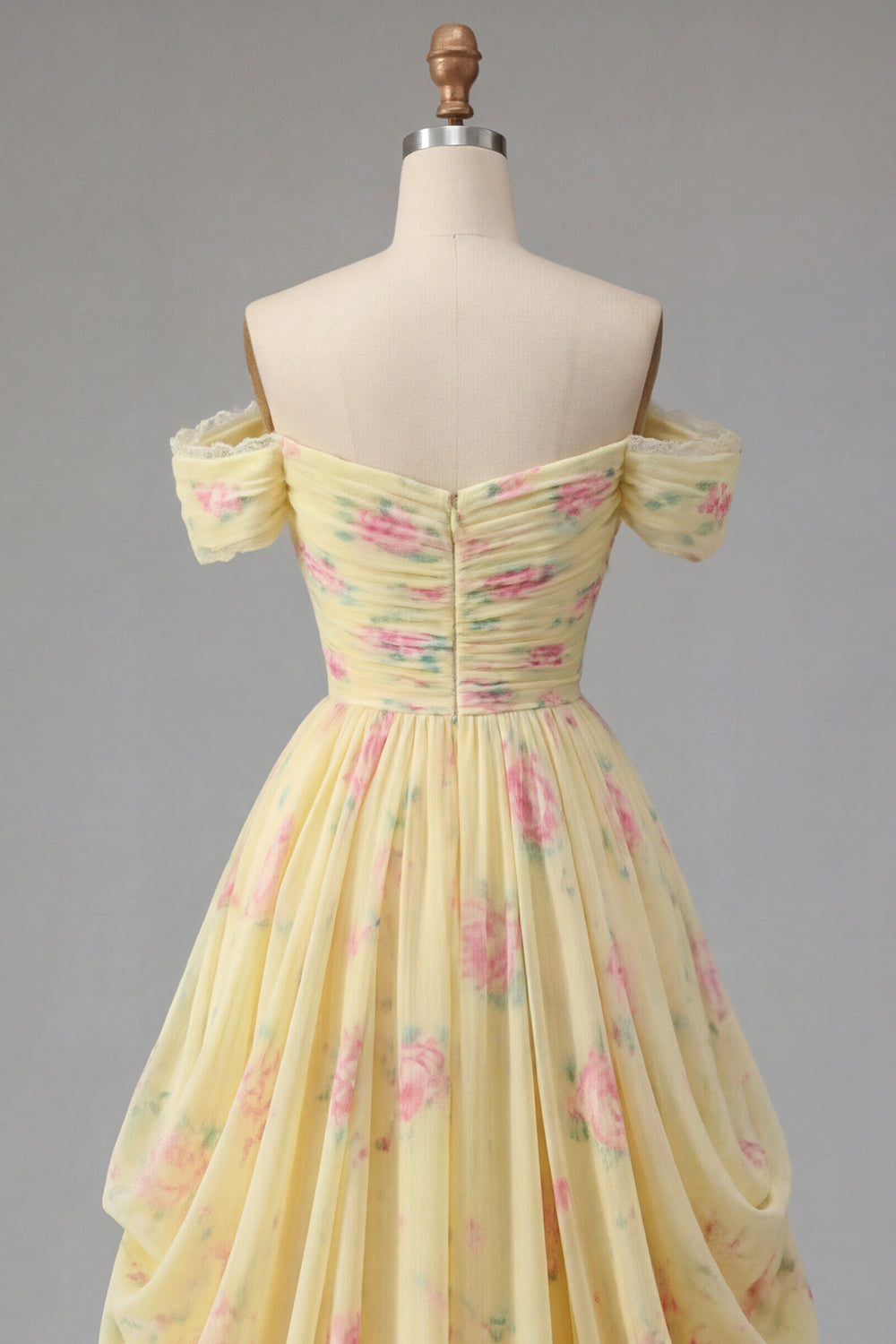 Floral Ruched Off the Shoulder A Line Butter Yellow Prom Dress