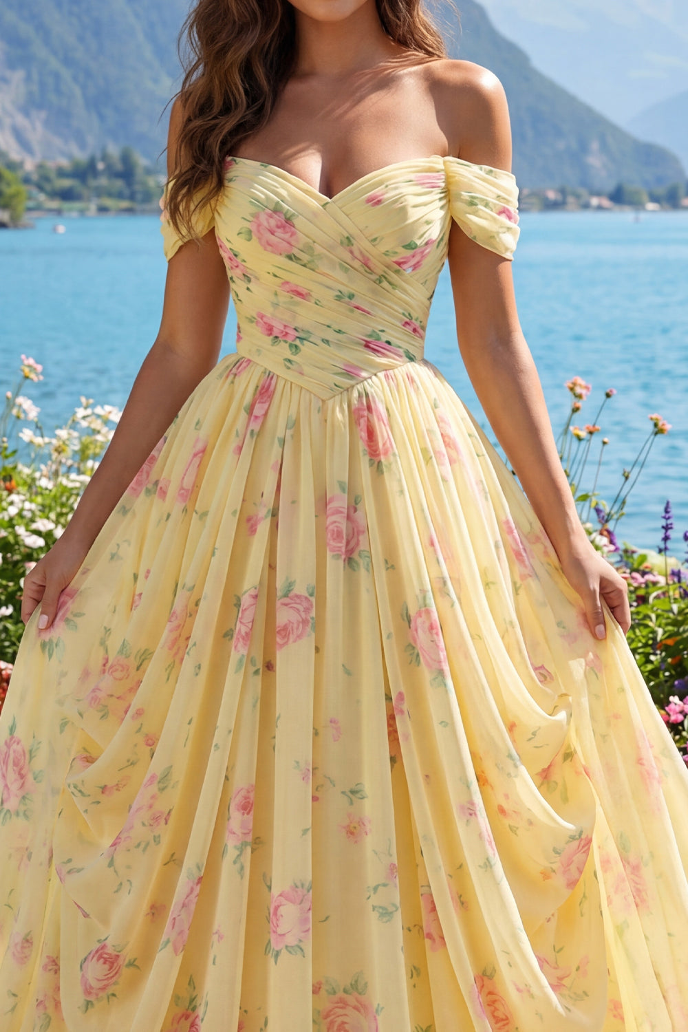 Floral Ruched Off the Shoulder A Line Butter Yellow Prom Dress