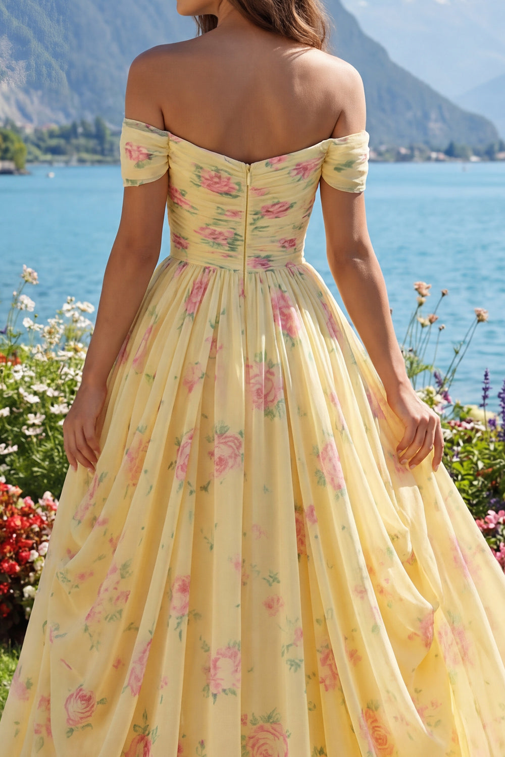 Floral Ruched Off the Shoulder A Line Butter Yellow Prom Dress