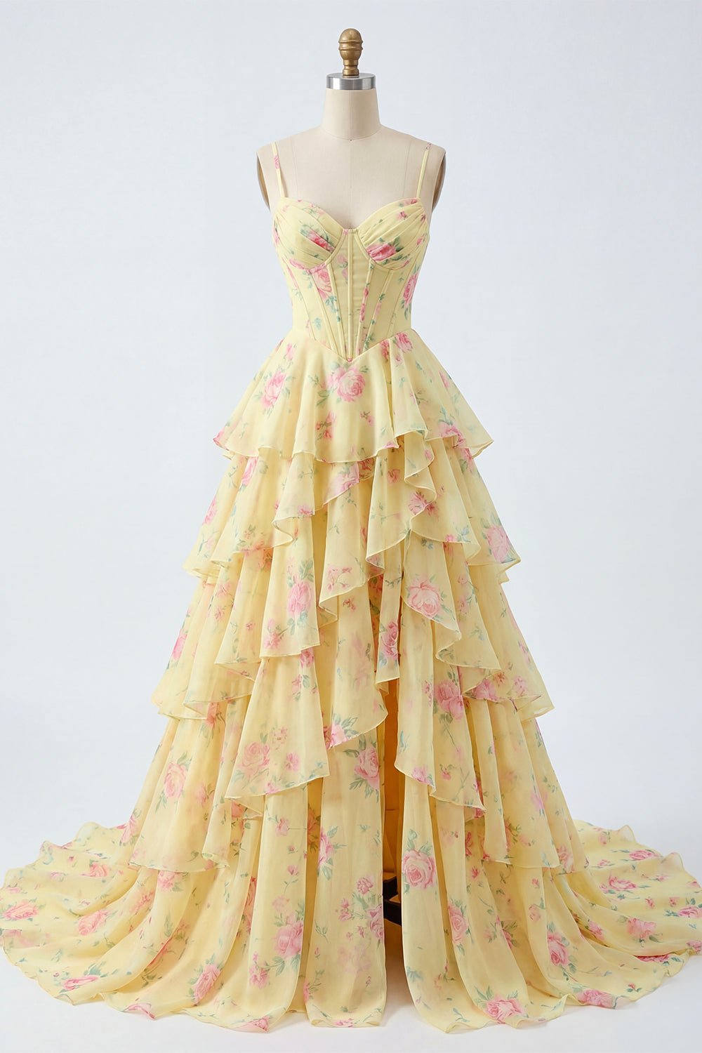 Butter Yellow Corset Floral aSpaghetti Straps A Line Prom Dress with Ruffles