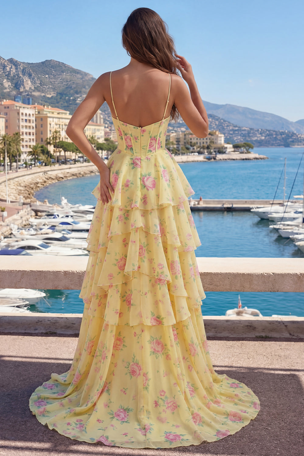 Butter Yellow Corset Floral aSpaghetti Straps A Line Prom Dress with Ruffles