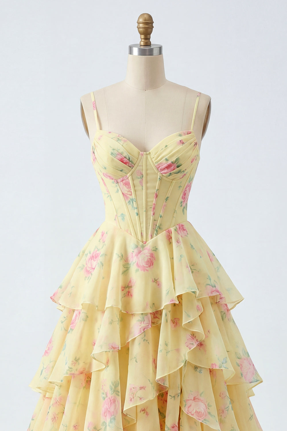 Butter Yellow Corset Floral aSpaghetti Straps A Line Prom Dress with Ruffles