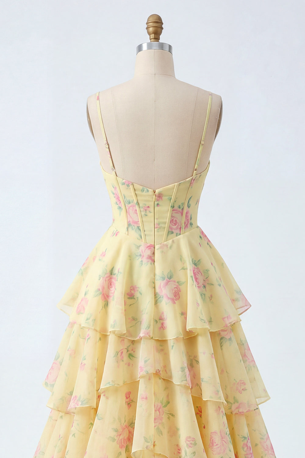 Butter Yellow Corset Floral aSpaghetti Straps A Line Prom Dress with Ruffles