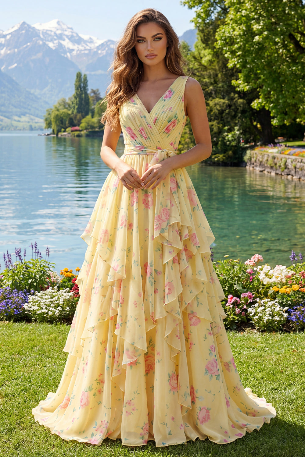 Ruched A Line Butter Yellow Floral V-Neck Prom Dress with Ruffles