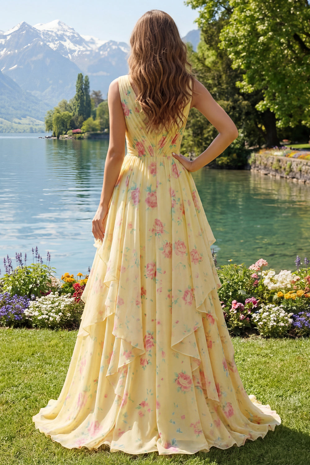 Ruched A Line Butter Yellow Floral V-Neck Prom Dress with Ruffles