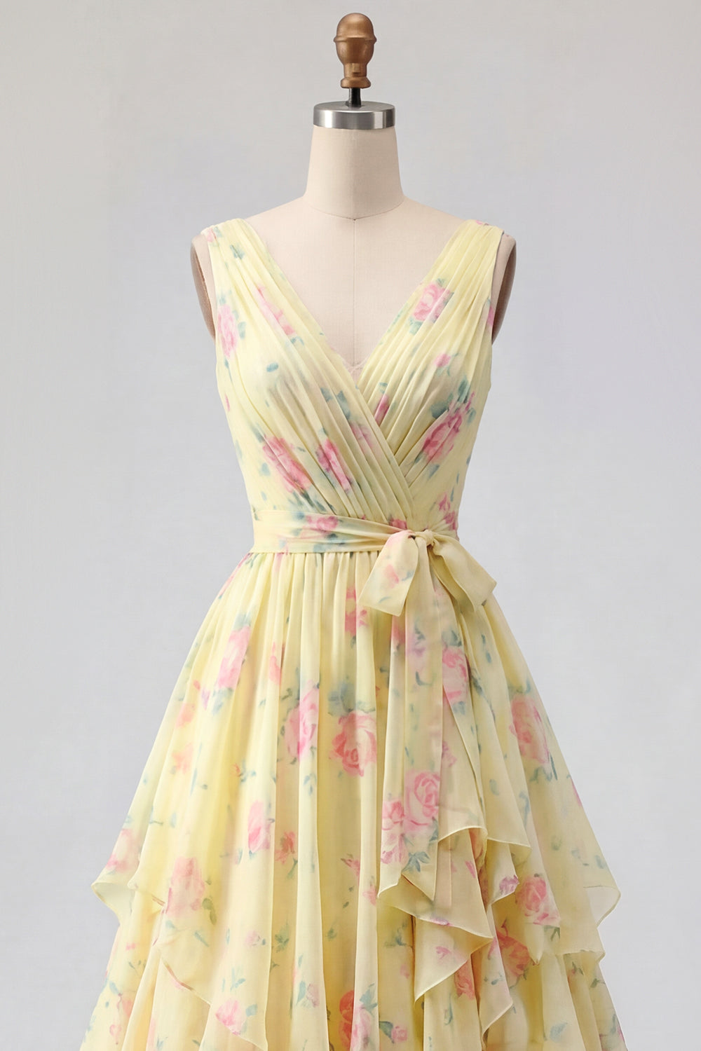 Ruched A Line Butter Yellow Floral V-Neck Prom Dress with Ruffles