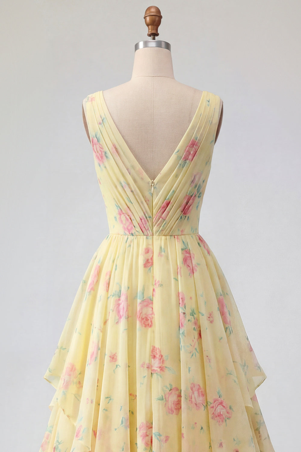 Ruched A Line Butter Yellow Floral V-Neck Prom Dress with Ruffles