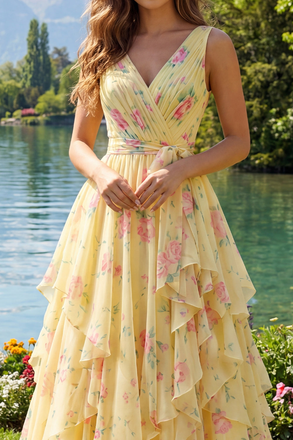 Ruched A Line Butter Yellow Floral V-Neck Prom Dress with Ruffles