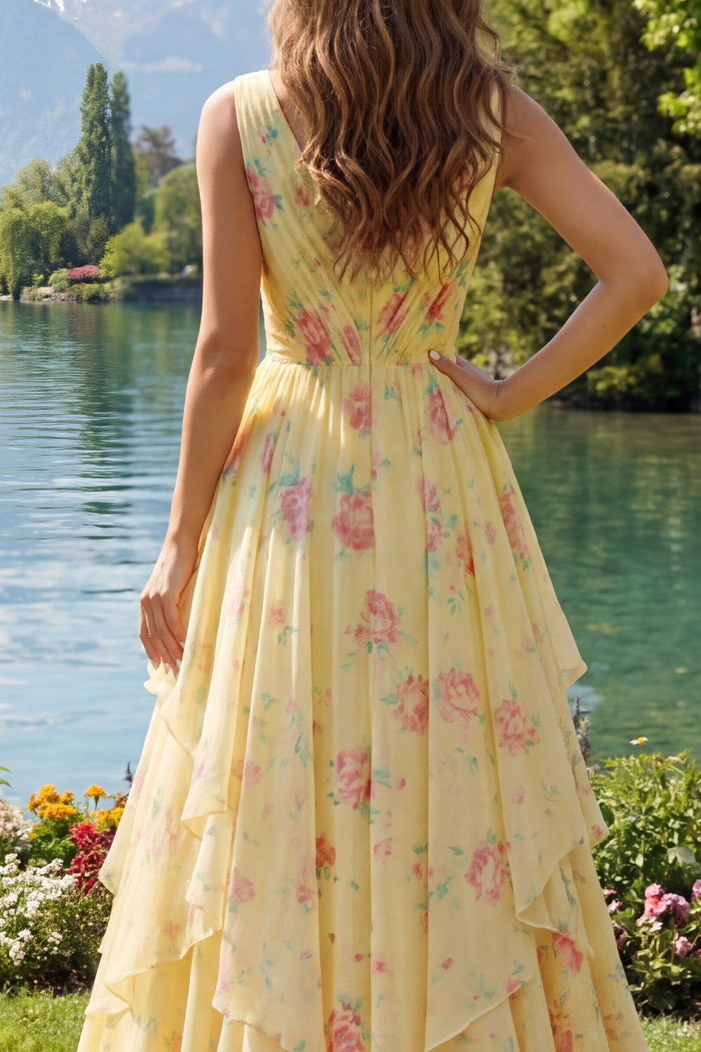 Ruched A Line Butter Yellow Floral V-Neck Prom Dress with Ruffles