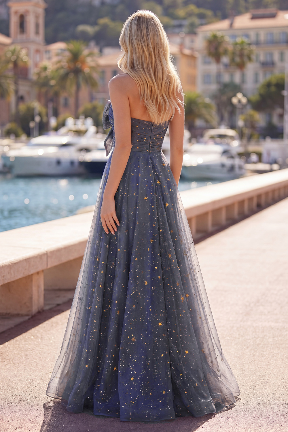 Strapless Dusty Blue Long A Line Glitter Prom Dress with Bow
