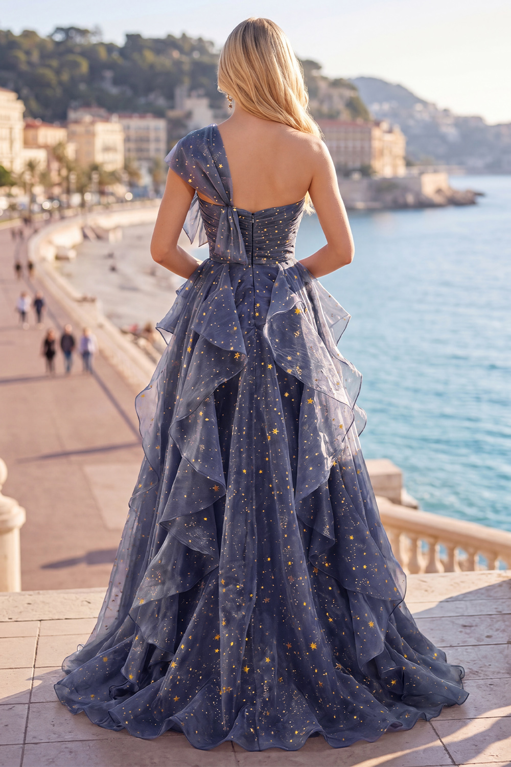 Dusty Blue Ruffled Long Ruched A Line Glitter One Shoulder Prom Dress with Bows