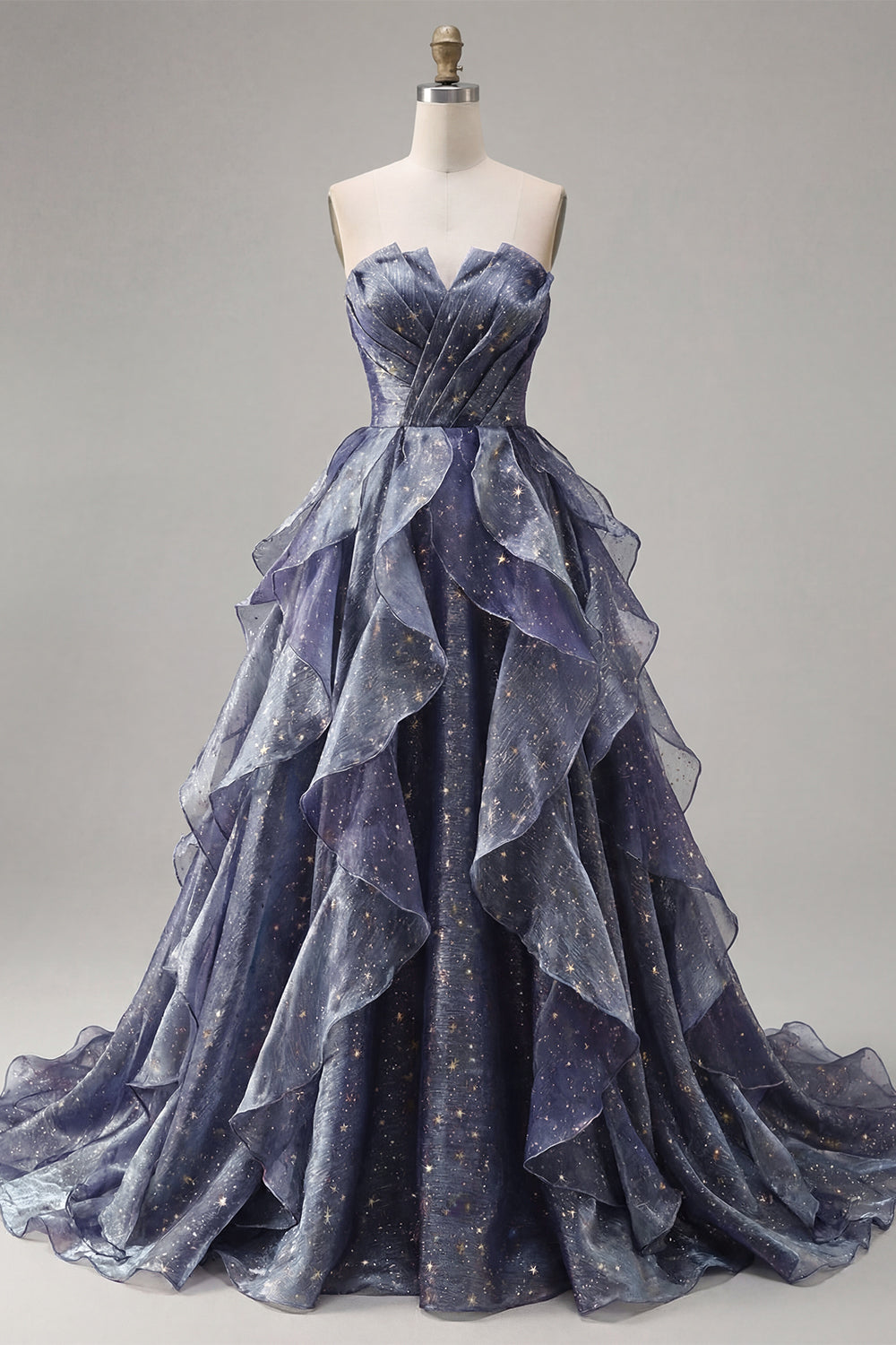 Long Ruched Dusty Blue A Line Glitter Strapless Prom Dress with Ruffles