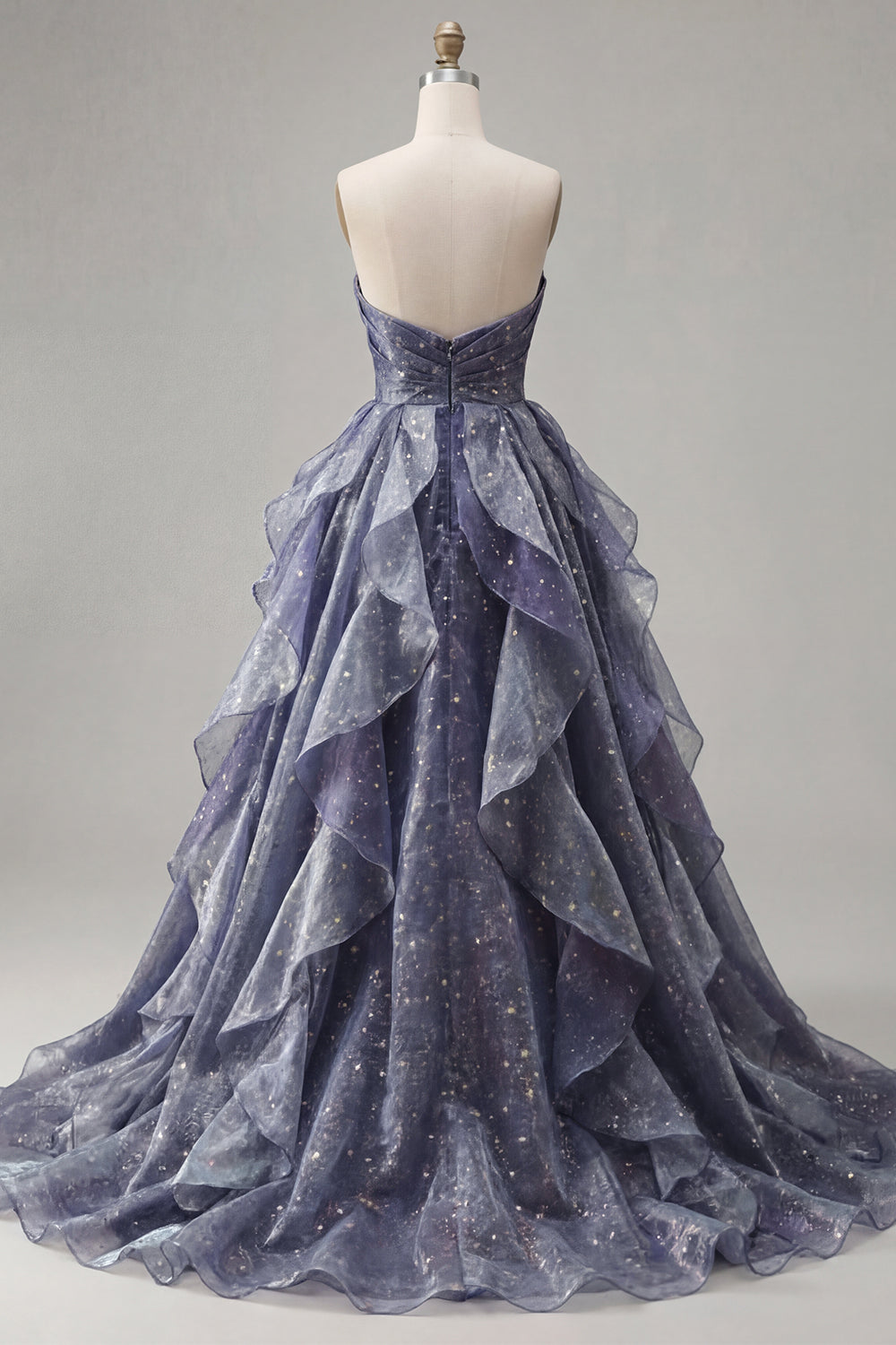 Long Ruched Dusty Blue A Line Glitter Strapless Prom Dress with Ruffles