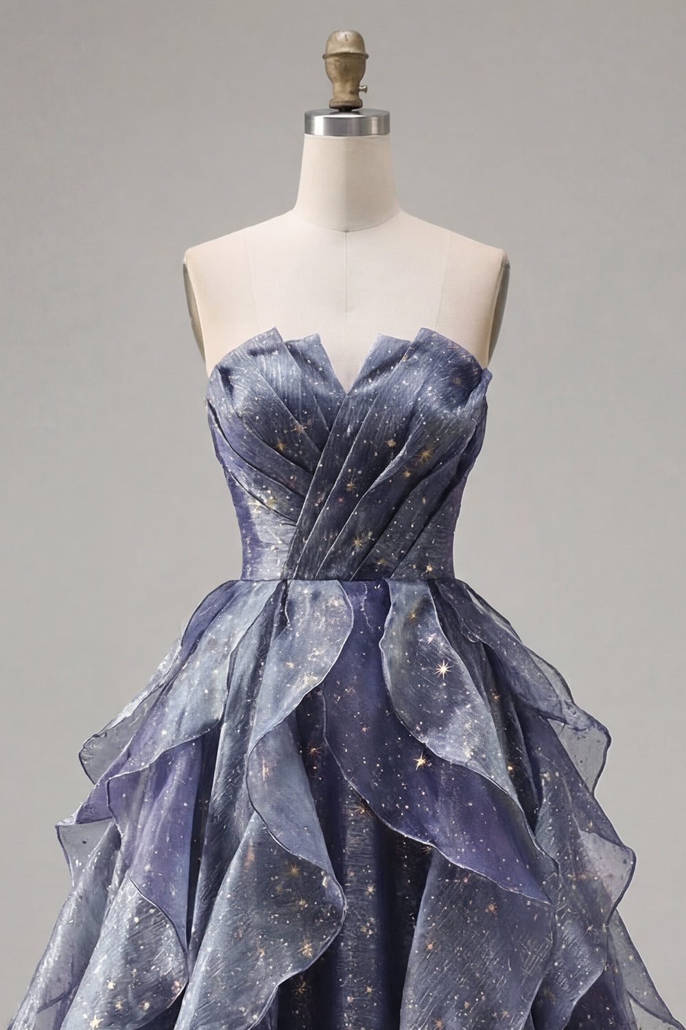 Long Ruched Dusty Blue A Line Glitter Strapless Prom Dress with Ruffles