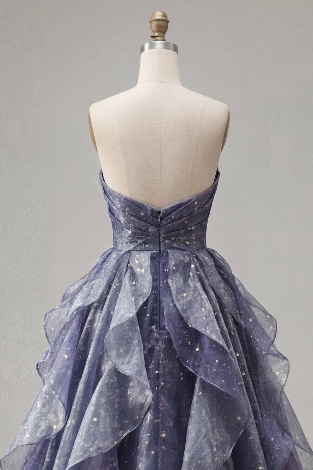 Long Ruched Dusty Blue A Line Glitter Strapless Prom Dress with Ruffles