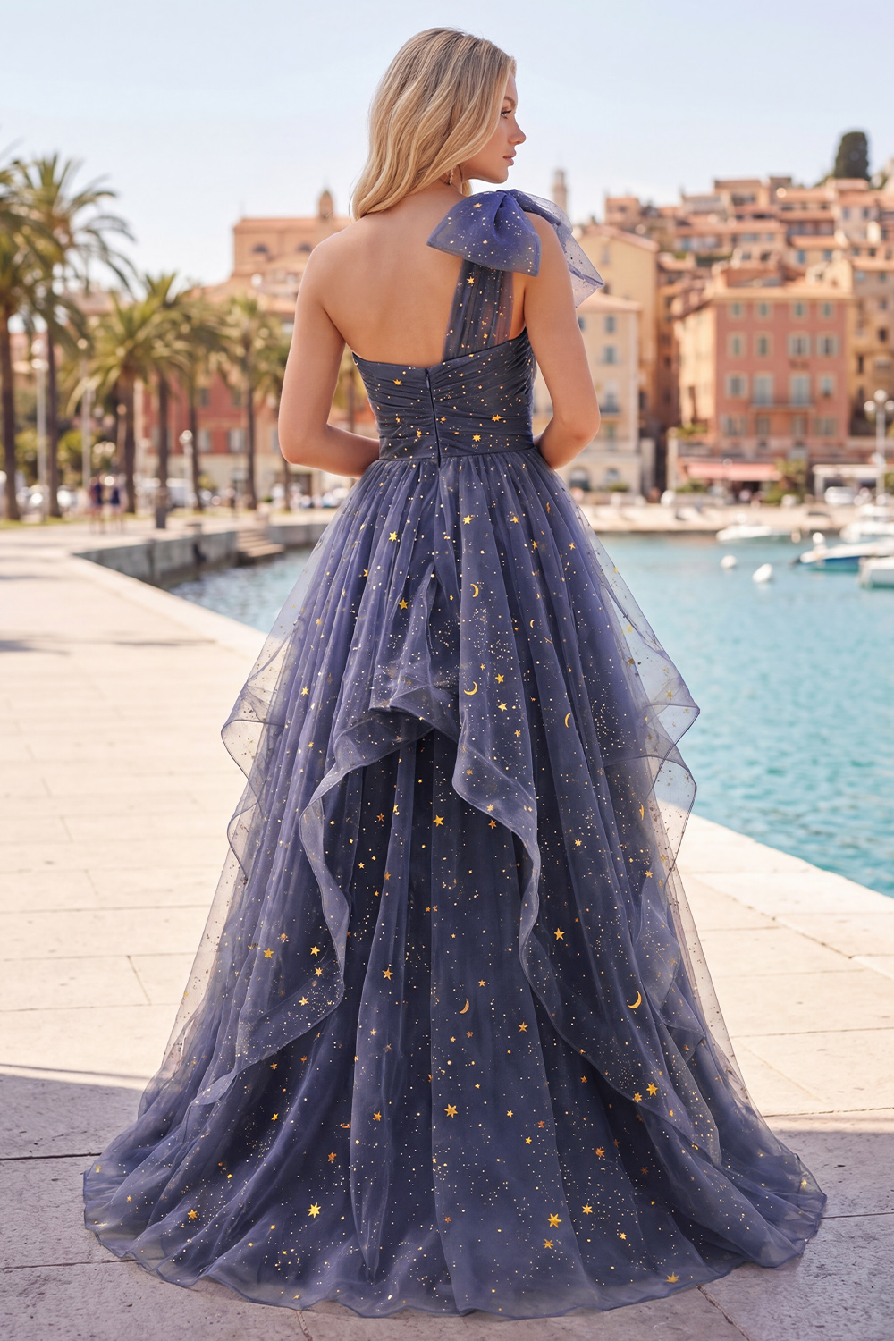 Glitter Ruffled A Line Dusty Blue Long Strapless Prom Dress with Bow