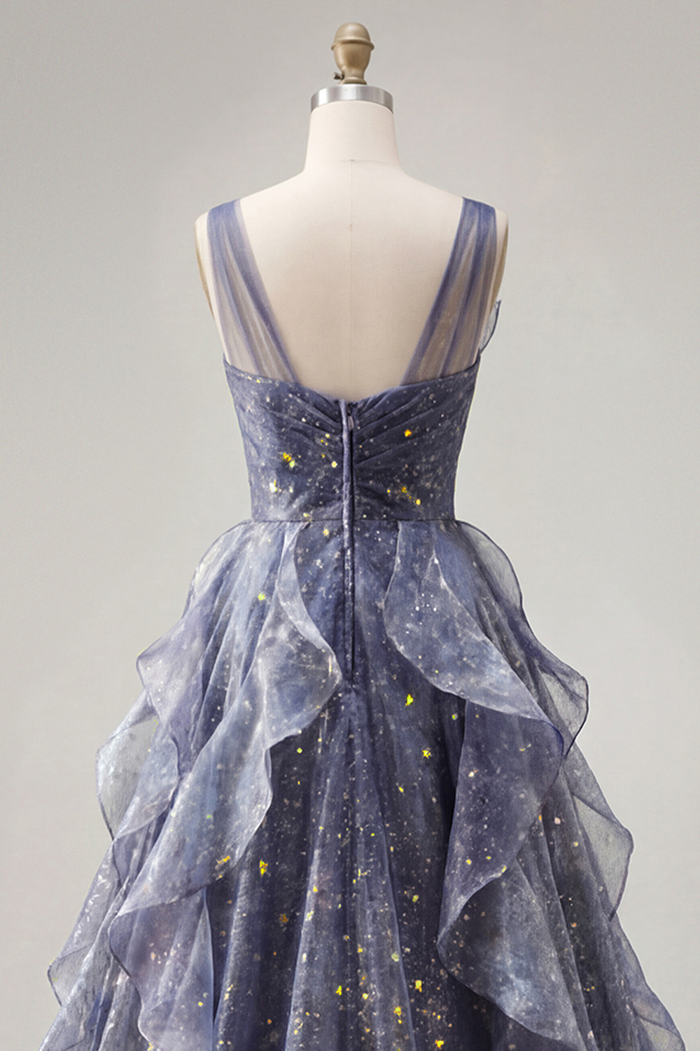 Sparkly V-Neck Dusty Blue Ruched Long A Line Prom Dress with Ruffles