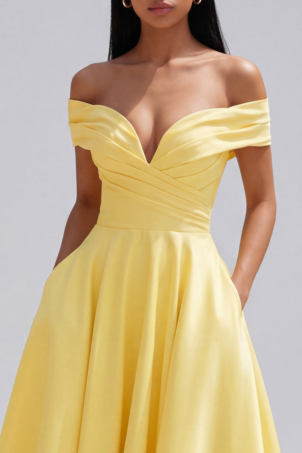 Off the Shoulder Ruched Butter Yellow A Line Maxi Formal Dress