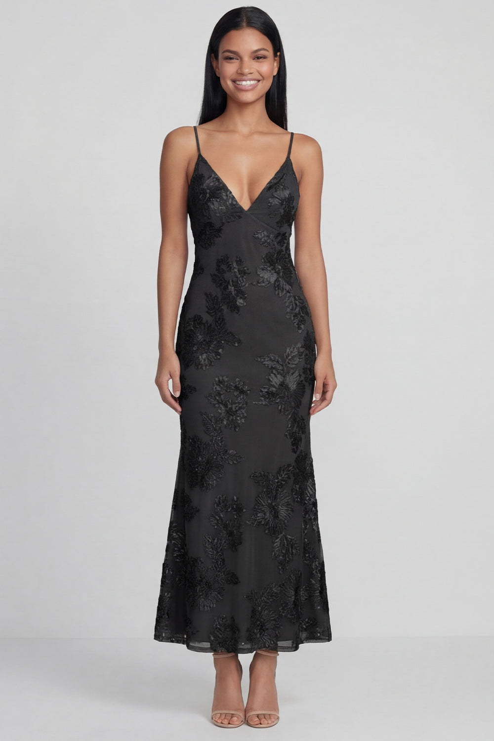 Sage Green Floral Mermaid Maxi Spaghetti Straps Formal Dress