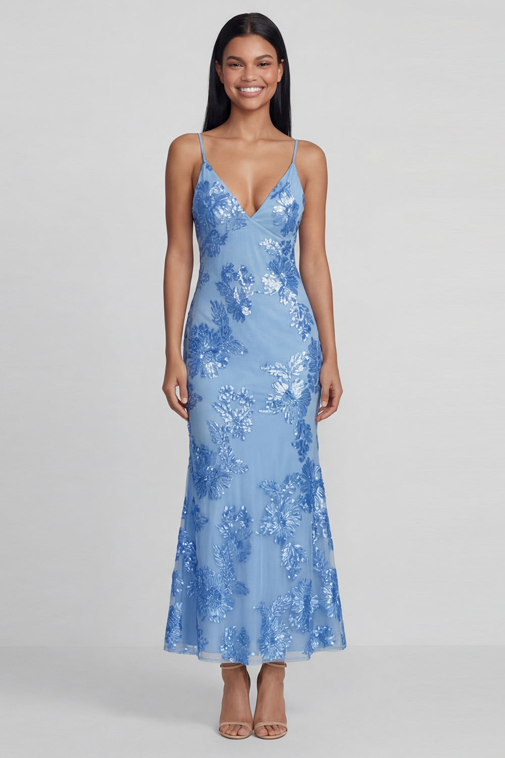 Sage Green Floral Mermaid Maxi Spaghetti Straps Formal Dress